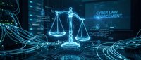 Digital justice scales hologram with cyber law enforcement text on futuristic technology background for legal tech presentations and cybersecurity compliance materials.