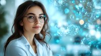 Young Caucasian woman wearing glasses and white coat against blue bokeh background with magical sparkle effect, soft focus portrait with gentle smile and wavy hair.
