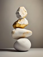 Balanced stack of white and gold stones on neutral background showcasing harmony and stability in minimalist zen composition for wellness and spa designs.