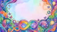 Colorful psychedelic border frame with rainbow swirls, flowers, butterflies, and infinity symbols on isolated white background, ready for design projects, posters, and digital artwork.