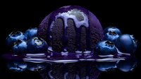 Dark chocolate ice cream scoop with melted sauce dripping, surrounded by fresh blueberries on reflective surface against black background, dramatic food photography.