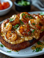 Grilled shrimp on toasted bread with melted cheese and fresh herbs garnish, served on white plate. Close up view shows juicy seafood with golden sear marks.