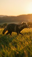 Wild fox walking through golden grass field during sunset with warm light and mountain landscape background for nature and wildlife content.