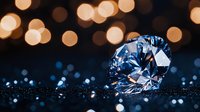 Sparkling diamond on dark background with golden bokeh lights creating luxury atmosphere. Precious gem with brilliant cut reflects light elegantly.