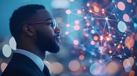 Young African American businessman in glasses looking at glowing network connections against blurred city lights and bokeh background at dusk.