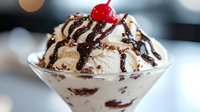 Creamy vanilla ice cream sundae topped with rich chocolate syrup drizzle and bright red maraschino cherry in glass bowl, close-up view against blurred background.