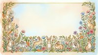 Watercolor spring meadow frame with cute rabbits and wildflowers on cream background. Easter woodland border with bunnies, botanical elements for cards.