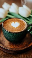 Creamy latte with heart-shaped foam art in emerald green ceramic cup on wooden surface, white tulips in soft focus background. Perfect for cafe marketing.