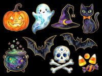 Watercolor Halloween clipart set with pumpkin, ghost, witch hat, black cat, cauldron, bats, skull, and candy, isolated on transparent background for stickers, T-shirts, print on demand.