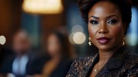 Professional African American businesswoman in elegant black sequined blazer at upscale corporate event with warm bokeh lighting for luxury business concepts.