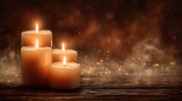 Glowing candles on rustic wooden surface with warm atmospheric smoke and golden bokeh particles creating mystical ambiance for meditation or spiritual practices.
