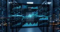 Futuristic holographic financial dashboard displaying analytics charts, graphs and data visualization in modern server room for business intelligence.