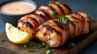 Grilled bacon-wrapped scallops with lemon wedge and dipping sauce on wooden board, garnished with fresh herbs.