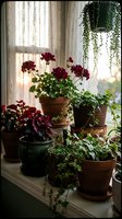 Cozy windowsill garden with blooming red geraniums and lush houseplants in terracotta pots creating warm indoor botanical atmosphere for home decor.