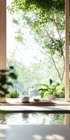 Serene window view with teapot and plant on wooden sill overlooking tranquil water, framed by green foliage and natural light for wellness and meditation space.