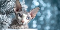 Adorable hairless sphynx kitten with large ears and blue eyes sitting beside silver tinsel with soft bokeh lights creating festive holiday atmosphere.