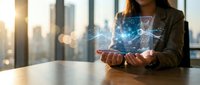 Professional businesswoman holding holographic digital network interface with glowing connections in modern office environment for technology presentations.