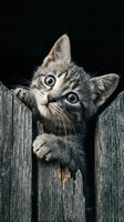 Tabby cat peeking over wooden fence with curious expression and wide eyes, isolated on black background for design and advertising use.