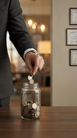 Businessman in suit dropping coin into glass jar full of coins on wooden desk, savings and investment concept.