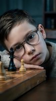 Young boy with glasses resting head on chess board with king pieces, contemplating strategy in cozy indoor setting for educational content.