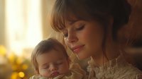 Young Caucasian mother in lace dress holding sleeping newborn baby in warm sunlit room, tender intimate moment capturing maternal bond and nurturing care.