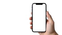 Hand holding modern smartphone with blank white screen isolated on white background for mockup and app presentation purposes.