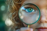 Close up view of bright blue eye seen through magnifying glass with natural freckles and soft bokeh background, creating magical discovery moment for science and education.