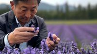 Middle-aged Asian businessman in suit examining lavender flowers in field, agricultural business concept for aromatherapy and natural products industry.