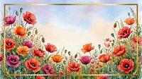 Watercolor poppy field border frame with vibrant red and orange blooms on soft sky background, copy space for text or greeting cards.