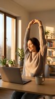 Young Caucasian woman stretching arms above head at home desk with laptop, smiling with eyes closed in warm sunlit cozy interior.