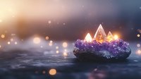 Glowing pyramids on amethyst crystal cluster with magical bokeh lights and mystical atmosphere, spiritual healing concept for meditation and wellness practices.