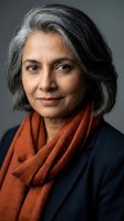 Mature South Asian businesswoman with gray hair wearing orange scarf and dark blazer against neutral background for professional corporate headshot.