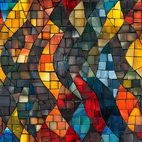 Colorful mosaic pattern with stained glass effect featuring vibrant yellow, red, blue and green geometric shapes arranged in abstract curved design. Artistic background.