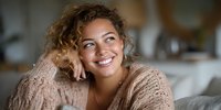 Happy young woman with curly blonde hair smiling warmly while relaxing at home in cozy knit sweater, expressing joy and contentment in comfortable living space.