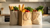 Eco-friendly reusable shopping bags filled with fresh organic vegetables and bread on modern kitchen counter for sustainable grocery shopping.