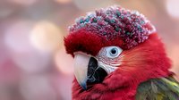 Red and green macaw close-up portrait showing detailed feathers, distinctive eye, and curved beak against soft blurred background. Vibrant tropical bird photography.