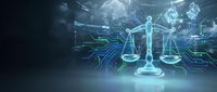 Futuristic digital justice concept with glowing scales of law surrounded by circuit board patterns and holographic technology elements in blue tones.