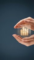 Hands holding glowing glass cube with golden upward trending bar chart icon on dark blue background, representing business growth and financial success.