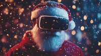 Santa Claus wearing virtual reality headset against snowy bokeh background with magical glowing lights and falling snow creating festive holiday atmosphere.