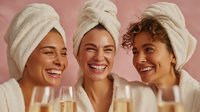 Three diverse women in white bath towels and robes enjoying champagne during spa day, laughing together against pink background.