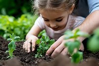 Young Caucasian girl planting seedlings in garden soil with adult guidance, showing environmental education and family gardening activity in natural setting.