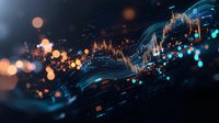 Abstract financial chart with glowing particles and bokeh lights on dark background showing market data visualization and trading analysis.