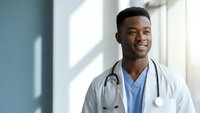 Young African American male doctor smiling confidently in white coat with stethoscope in modern hospital corridor for healthcare and medical profession.