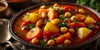 Hearty vegetable stew with potatoes, carrots, chickpeas and herbs in rich tomato broth served in rustic bowl for comfort food recipes and cooking.