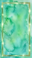 Watercolor wash in shades of green and turquoise with gold frame border and glowing lights, isolated on transparent background for design projects.