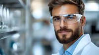 Confident male scientist wearing protective eyewear and lab coat in research laboratory setting. Professional portrait showcasing workplace safety and expertise in medical field.