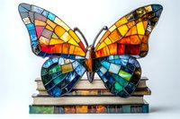 Stained glass butterfly lamp in vibrant colors of blue, orange and yellow sits atop vintage books, creating magical mosaic lighting effect for home decor.