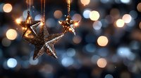 Glittering gold star ornaments hanging against dark background with soft bokeh lights creating magical holiday atmosphere. Festive Christmas decor.