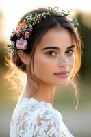 Young woman in white lace wedding dress wearing delicate floral crown with wildflowers and baby's breath, soft sunset lighting creates romantic atmosphere for bridal portraits.