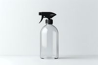 Clear glass spray bottle with black trigger sprayer on minimal white background, empty container mockup isolated and ready for product design and branding.